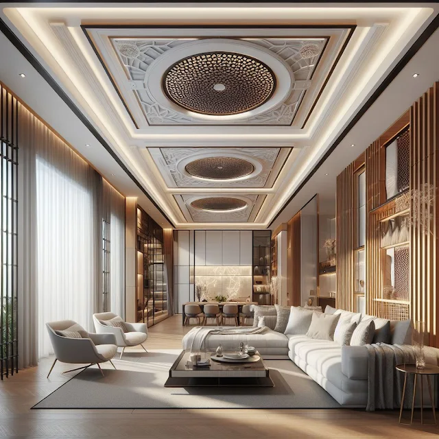 3D render of a beautifully designed house interior with a lovely ceiling