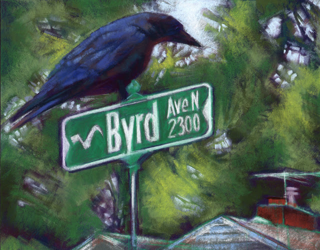 crow perched on byrd avenue sign original pastel artwork janine aykens