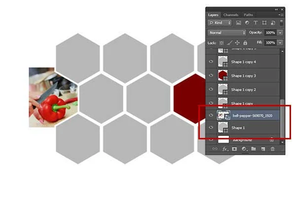 Stack the image layer above the Hexagon layer.