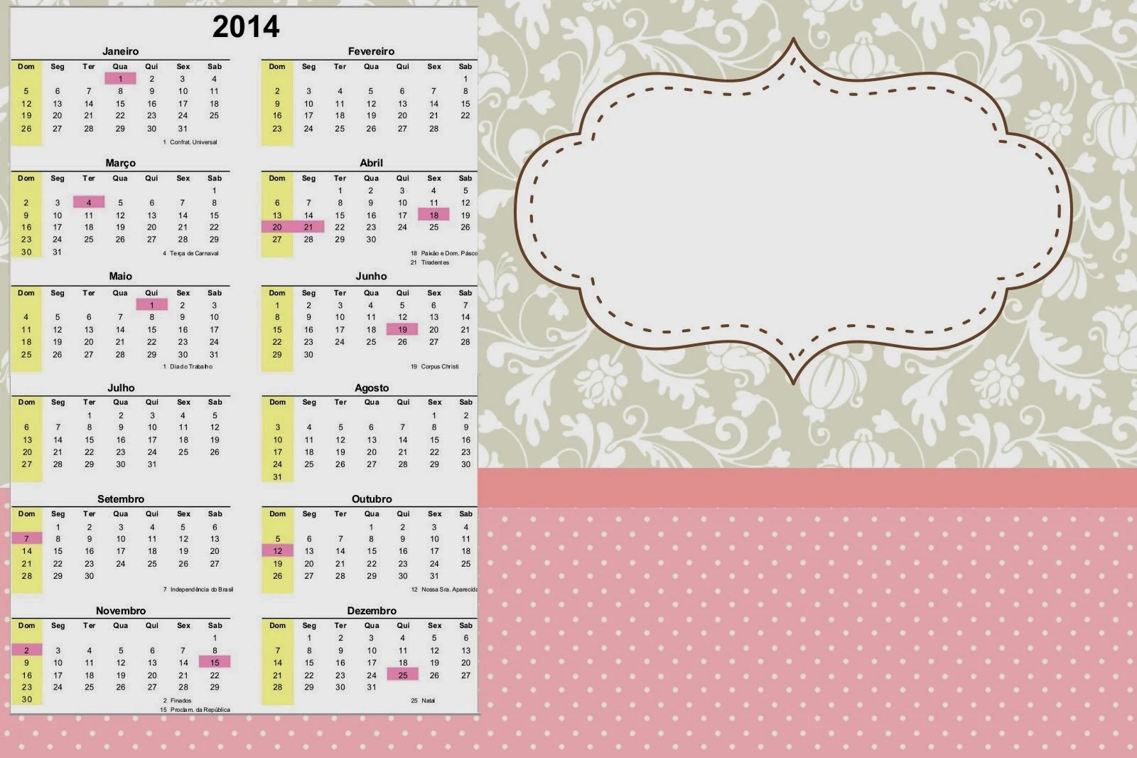 2014 Free Printable Calender.