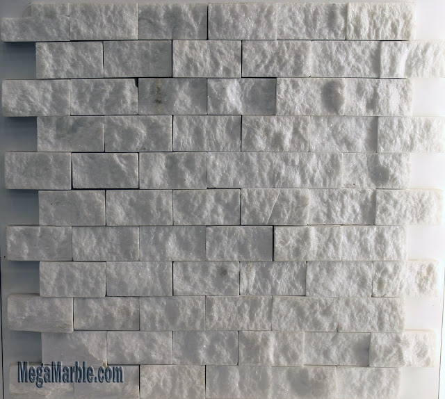 Thassos Marble Split Face Finish Brick Pattern Mesh-Mounted Mosaic Tile