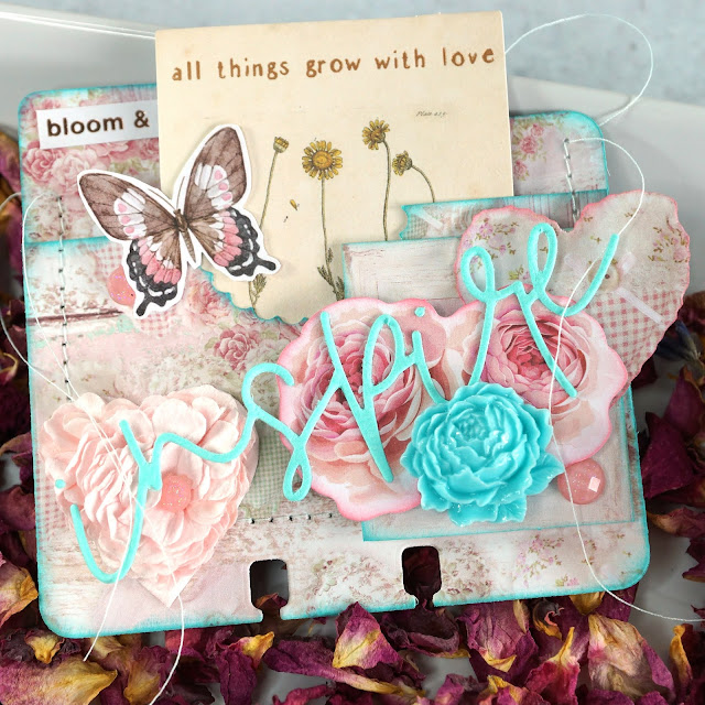 Heidi Swapp Memorydex Valentine's advent calendar made with the Prima With Love collection by Frank Garcia; pocket card with DIY lavender seed packet with die cuts, fussy cut ephemera, stickers and paper flowers