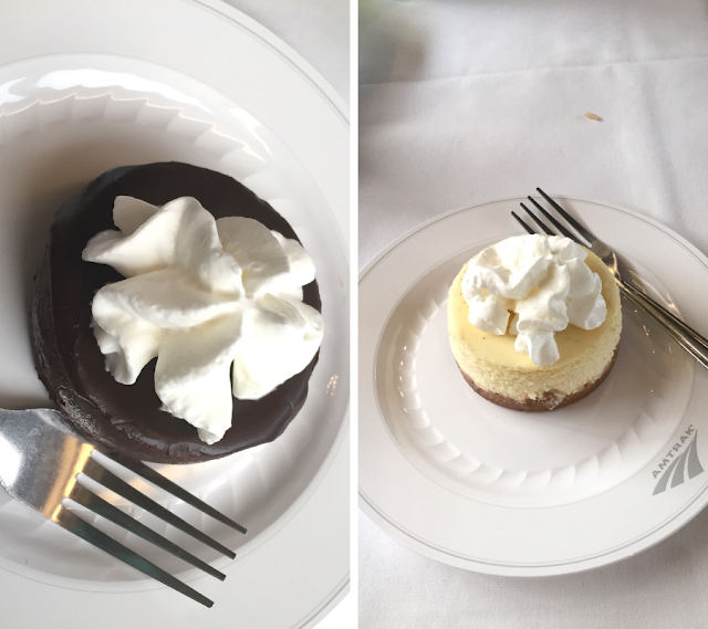 Flourless chocolate cake and cheesecake aboard the Empire Builder.