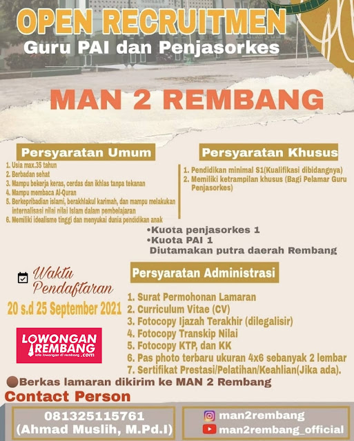 Lowongan Kerja Guru PAI dan Penjasorkes MAN 2 Rembang