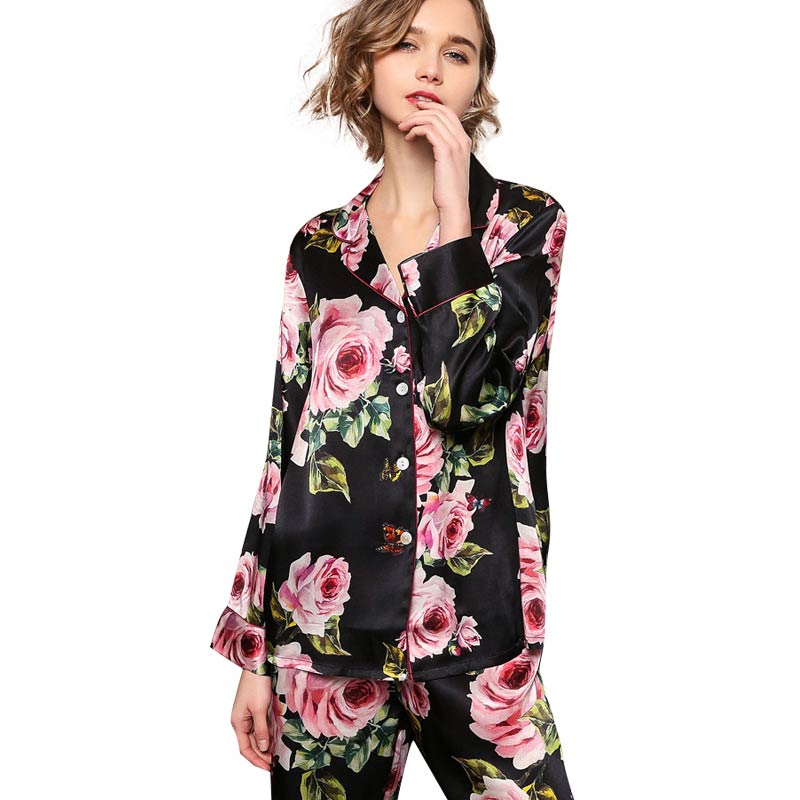  New 19 Momme Black Floral Silk Pajama Set