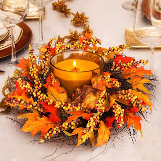 Autumn leaves wreath used as a centerpiece