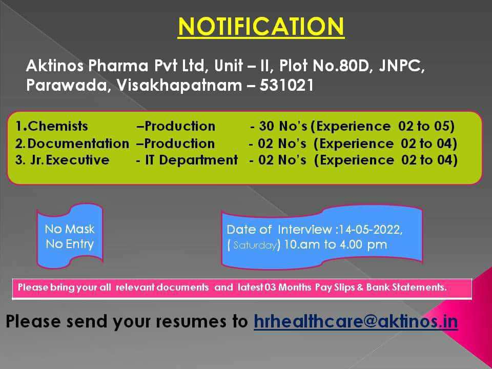 Job Availables,Aktinos Pharma Pvt Ltd Job Vacancy For Production/ IT Department