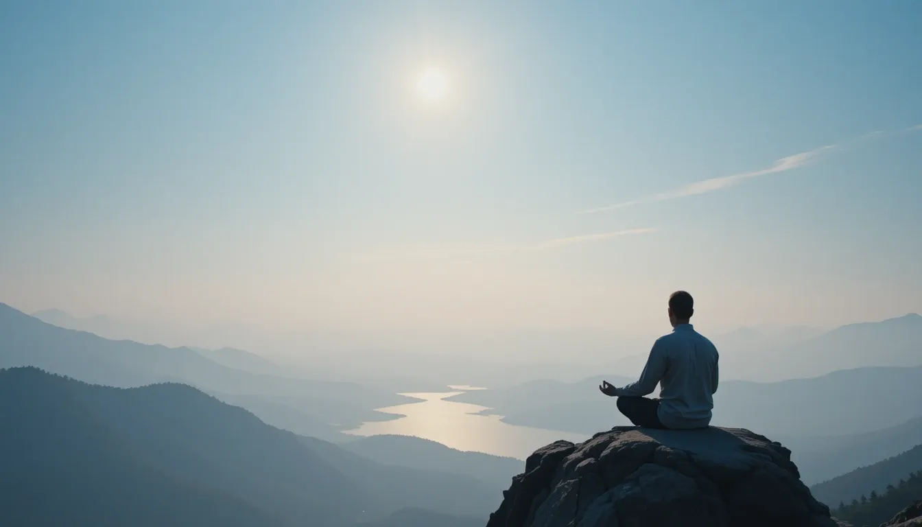 A lone figure meditating peacefully on a rock overlooking a vast, silent landscape, like a misty mountain range or a calm lake at dawn. The atmosphere is serene and untouched by noise, symbolizing profound inner peace found in silence.