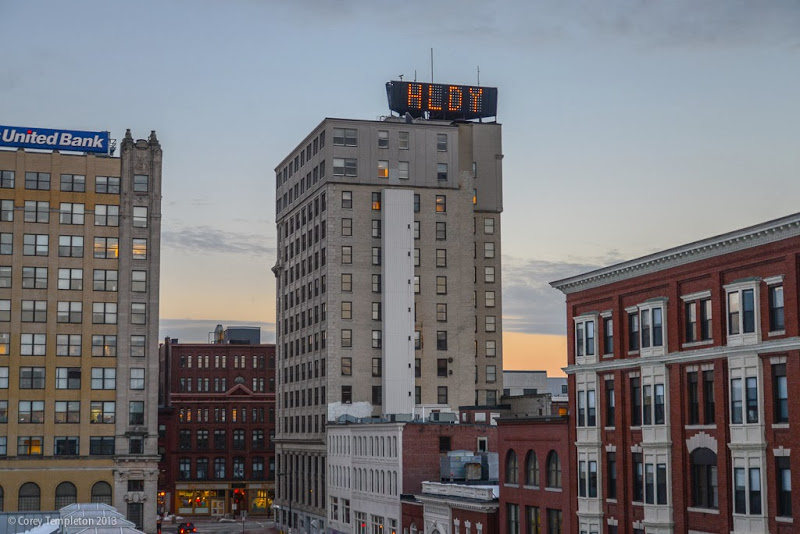 Portland, Maine Happy Holidays Time & Temperature Building Sign photo by Corey Templeton