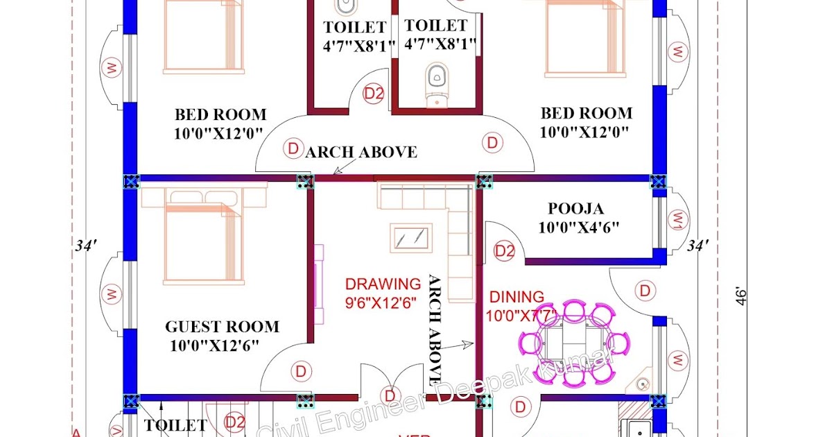 Civil Engineer Deepak Kumar 32 X 34 Feet House Plan Full Layout Drawing Plot Area 38 X 46