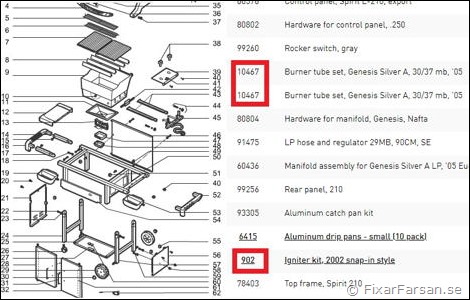 Sprängskiss-Weber-Spirit-210-Reservdelar-Brännare-Tändare