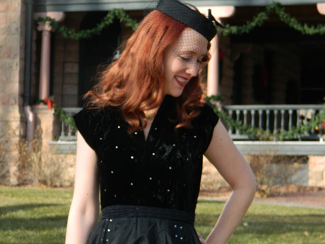 black velvet taffeta 1950s party dress bird hat Just Peachy, Darling