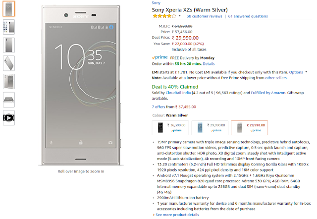 Sony Xperia XZs Lightning Deal on Amazon India