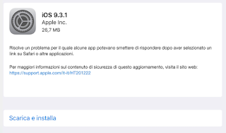 Apple rilascia iOS 9.3.1 