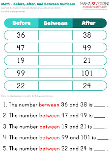 Mama Love Print 自製工作紙  - 數字的前後概念 (100以內) 練習題  Before and After (within 100) Daily Math Practice (No Preparation)  Free Learning Activities Kindergarten Math Worksheet Free Download No Preparation Homeschooling