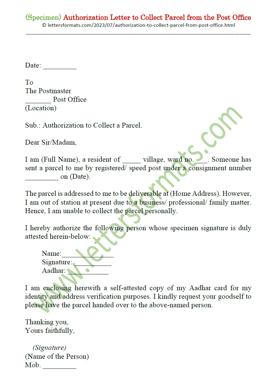 Sample Authorization Letter to Collect Parcel from Post Office