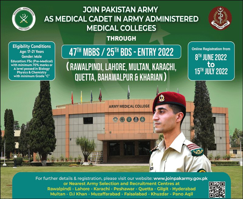Join Pak Army as Medical Cadet 2022 Apply Online 25th BDS Entry joinpakarmy.gov.pk