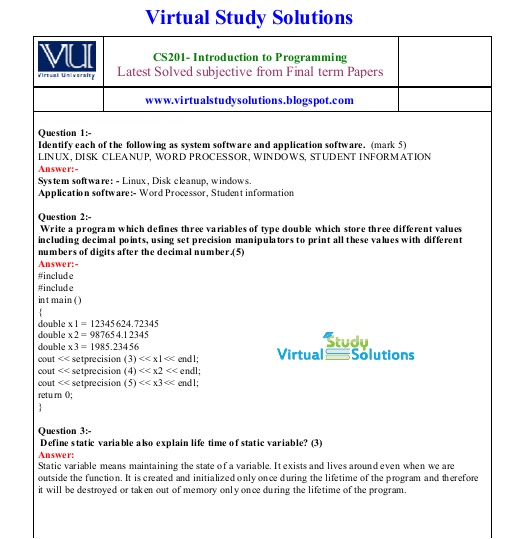 CS201 Solved Subjective Past Paper Sample Page