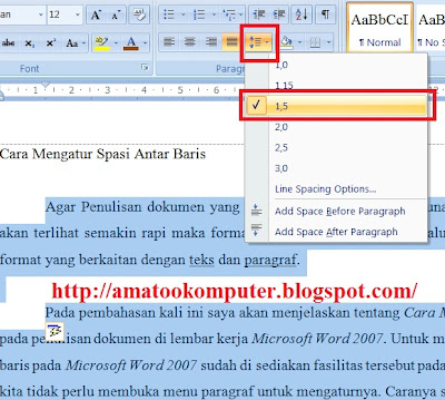 Cara Mengatur Spasi Antar Baris di Microsoft Word 2007, Baris, Spasi, Microsoft Word 2007, AmatooKomputer