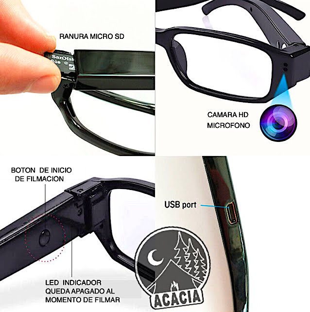 LINYU Gafas de cámara espía con grabación de Video, cámara Oculta 1080P HD,  Gafas de Gafas de Snapchat de súper pequeña vigilancia, Cargador USB :  : Electrónica