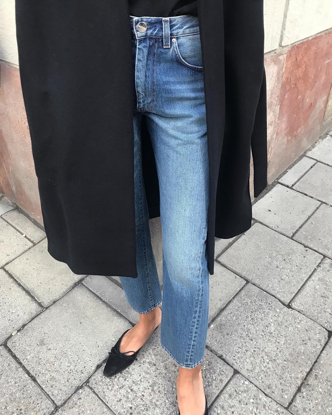 Minimalist Fall Outfit Inspiration — Black Coat, Jeans, and Manolo Blahnik Mule Flats