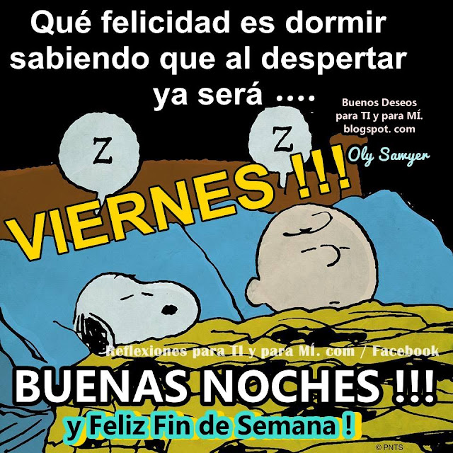 Qué felicidad es dormir  sabiendo que al despertar ya será.... VIERNES !!!  BUENAS NOCHES !!! y Feliz Fin de Semana!