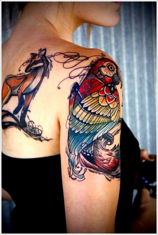 Women Back Parrot Design Tattoo, Women Tattooed With Parrot Designs, Designs Of Parrot Women Tattoo, Women, Parts, Birds, Animal,