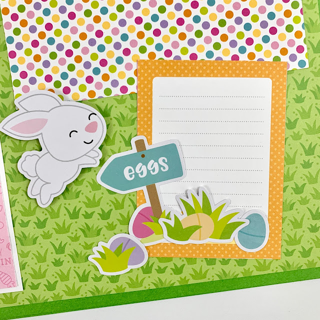 12x12 Easter Scrapbook Page Layout with bunny rabbits, a journaling card, and polka dots