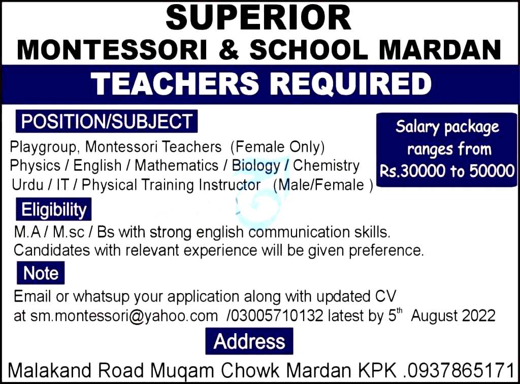 Teachers New Jobs in Mardan at Superior Montessori & School