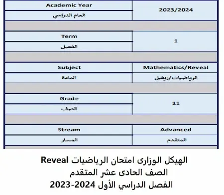 الهيكل الوزارى امتحان الرياضيات Reveal الصف الحادى عشر المتقدم الفصل الدراسي الأول 2023-2024