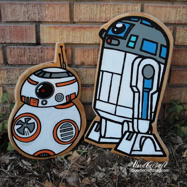 R2D2 and BB8 Wood cut outs made with Cricut cut vinyl mounted on wood cut outs, then painted with acrylic craft paint. Star Wars crafts are fun and easy!