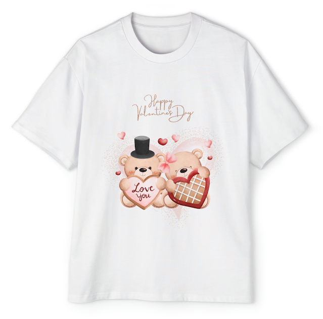 Men's Heavy Oversized T-Shirt With Pink Cute Teddy Bears Happy Valentine's Day