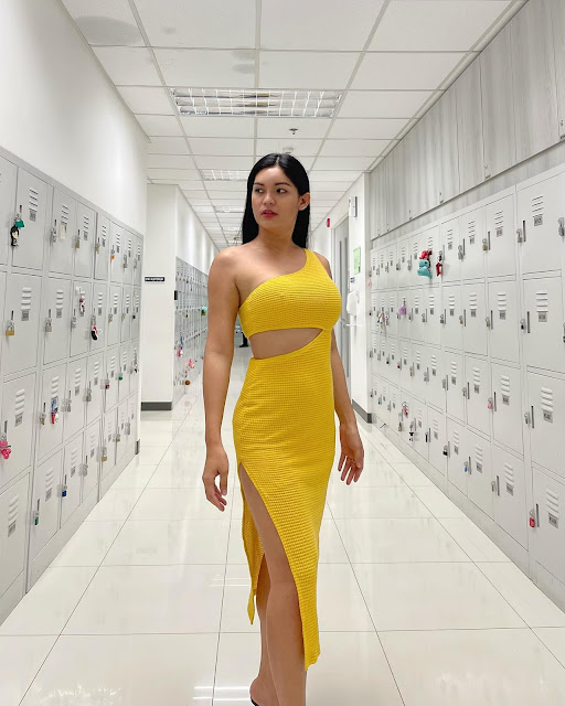 Jill Daza-Orcine – Most Beautiful Filipina Transgender Woman in Yellow Cut Out Midi Dress