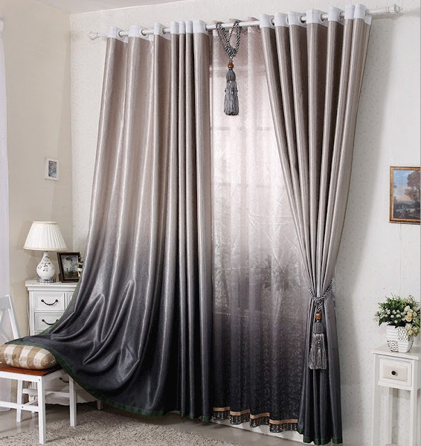 Ombre grey peach modern curtain ideas with sheer fabric base with tussles