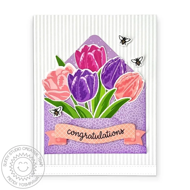 Sunny Studio Stamps Gift Card Envelope Tranquil Tulips Floral Bouquet Congratulations Card using Layering Stamps & Craft Dies