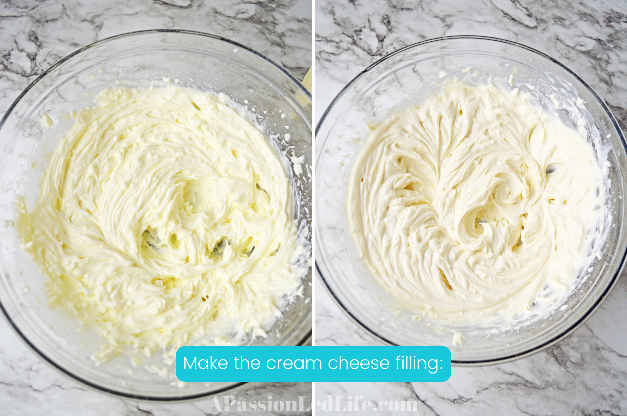 two photos showing the process of making cream cheese filling