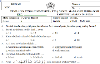 Soal PTS/UTS Qur’an Hadits Kelas 5 Madrasah Ibtidaiyah Semester Ganjil Kurikulum 2013