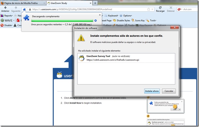 Ventana de Firefox para instalar el add-on de UserZoom