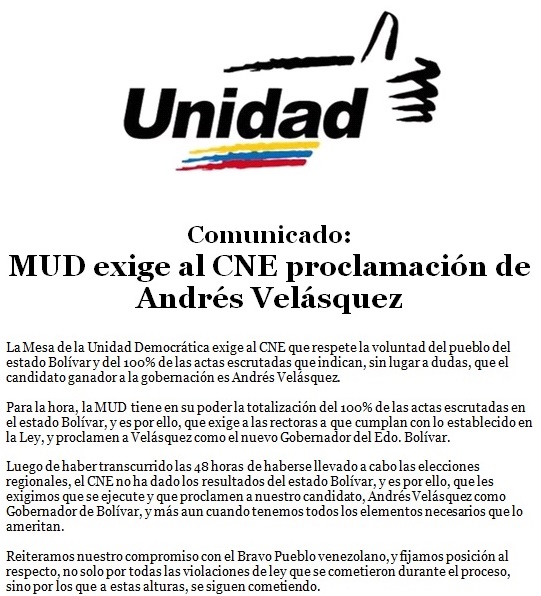 Unidad exige al CNE proclamación de Andrés Velásquez (COMUNICADO).