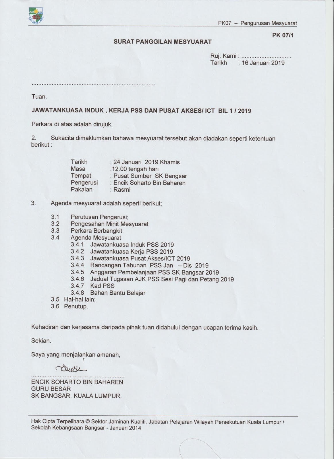 Surat Panggilan Mesyuarat Pusat Sumber Sekolah