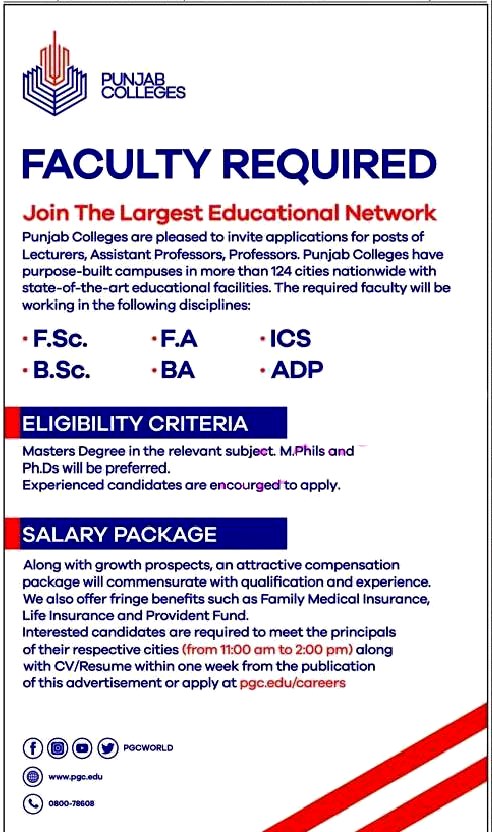 Punjab Groups of Colleges PGC Pakistan  Latest Jobs  July 2021