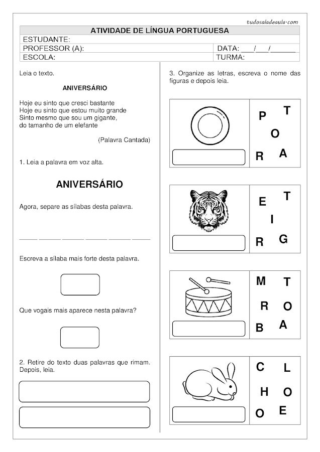 Atividade de alfabetização 2 ano