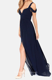 Floor Length Long Slit Side Sexy Chiffon Navy Blue Bridesmaid Dress