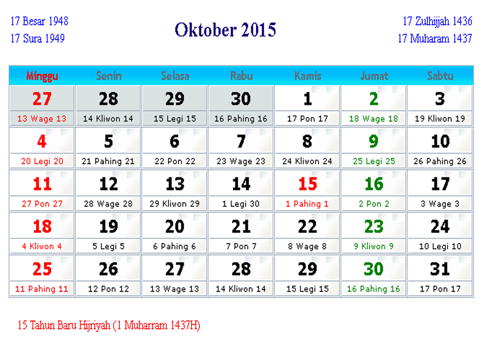Kalender Indonesia Oktober 2015  Kalender Indonesia 2017