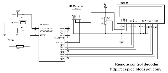 RC-5 IR remote control decoder using PIC16F84A microcontroller circuit schematic CCS PIC C