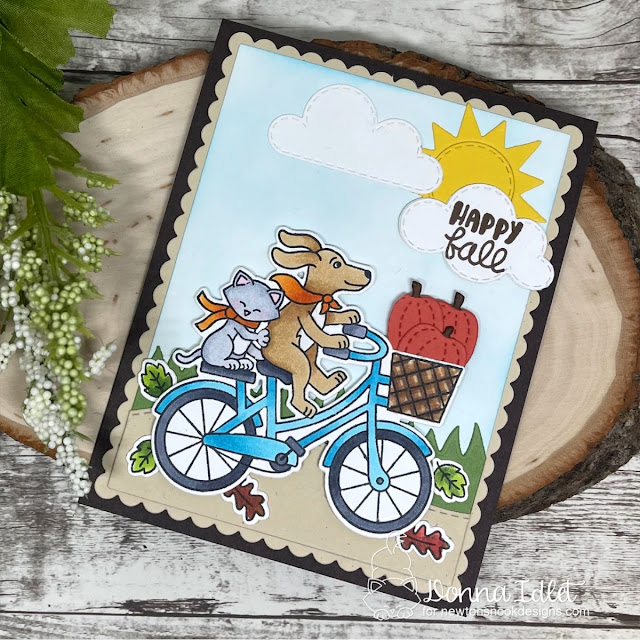 Fall Cycling Card by Donna Idlet | Cycling Friends Stamp Set, Frames & Flags Die Set, Land Borders Die Set and Fall Friends Die Set by Newton's Nook Designs #newtonsnook #handmade