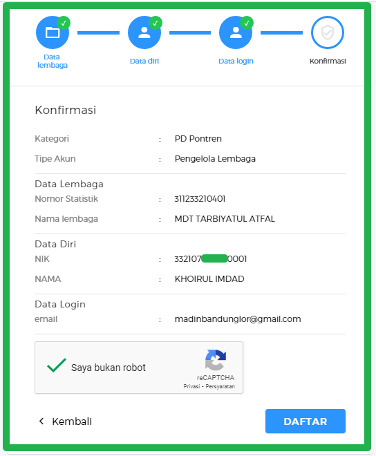 Buat Akun EMIS 4.0 untuk Madin/PD-Pontren: Konfirmasi Data pendaftaran