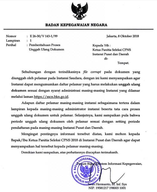 Pemberitahuan Proses Unggah Ulang Dokumen dari BKN (Badan Kepegawaian Negara)