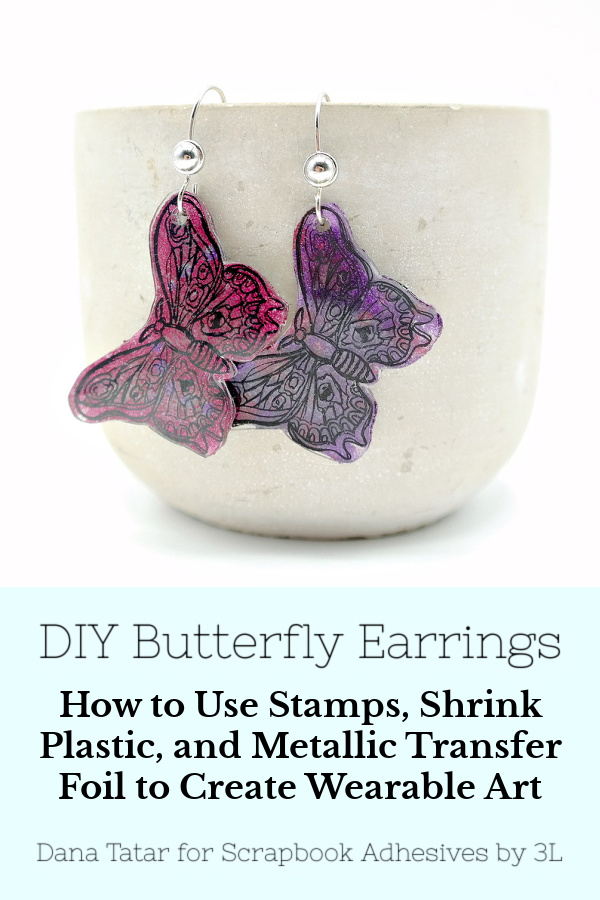 Pink and Purple Stamped Butterfly Earrings Tutorial Using Stamps Shrink Plastic and Metallic Transfer Foil