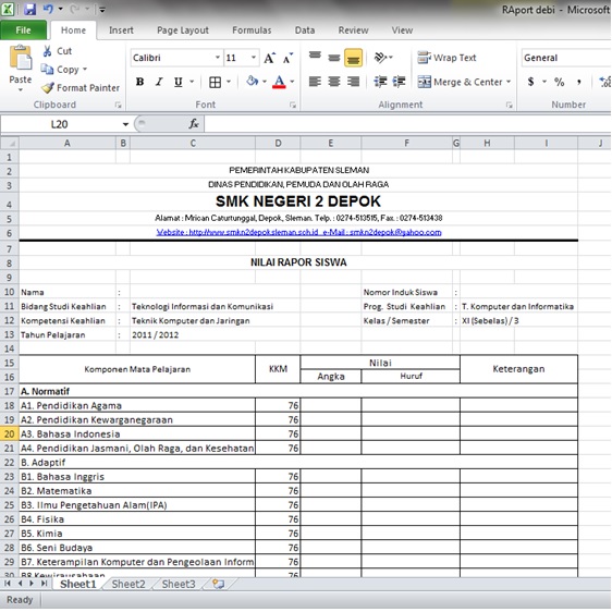 Form Nilai Untuk Raport Excel